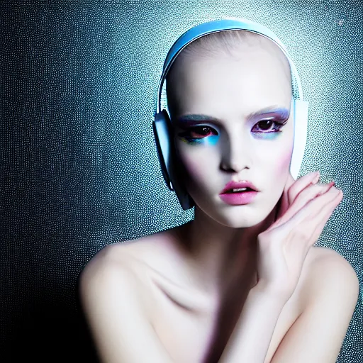 Image similar to high fashion photography of a model in neo futurism white sci - fi makup, be headset, transparent cloth, beautifully lit