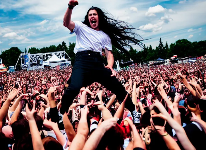 Prompt: photo still of andrew wk at the vans warped tour!!!!!!!! at age 3 6 years old 3 6 years of age!!!!!!!! stage diving into the crowd, 8 k, 8 5 mm f 1. 8, studio lighting, rim light, right side key light