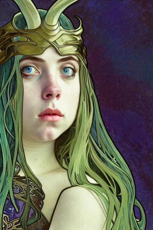 Image similar to Billie Eilish as female loki by alphonse mucha, hyper detail, hyper realistic