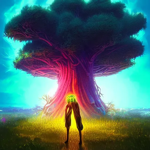 Prompt: an african cyberpunk hacker girl colorful dreadlocks plugged into a giant glowing baobab tree in the middle of a field of flowers at sunset in a lightning storm, by greg rutkowski and android jones in a surreal cyberpunk! style, oil on canvas, 8k hd, synthwave colors!!