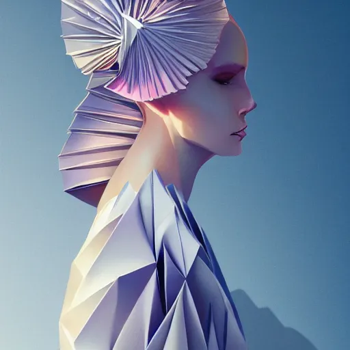 Prompt: 3 / 4 view of a beautiful girl wearing an origami dress, eye - level medium shot, elegant, givenchy, by peter mohrbacher, centered, fresh colors, origami, fashion, detailed illustration, vogue, high depth of field, japanese, reallusion character creator
