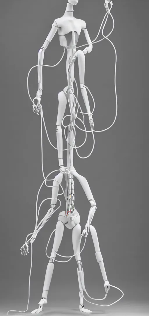 Image similar to a white futuristic mannequin with wires and pipes extending from its body