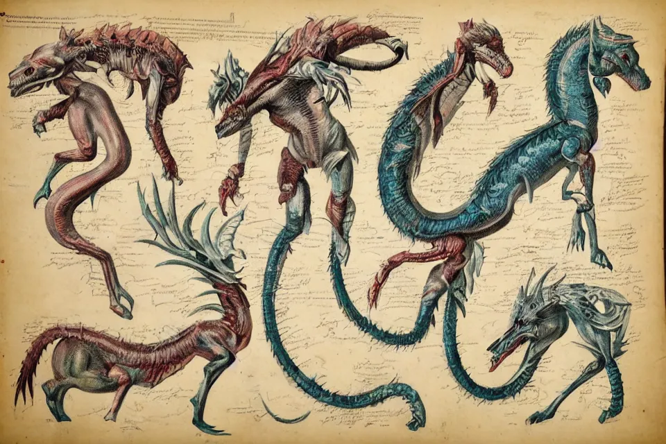 Image similar to Vintage, detailed, colored sketch of mythical creature anatomy, full body, with full descriptions, on parchment.