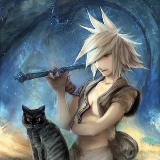 Image similar to a cat in the style of final fantasy cover art