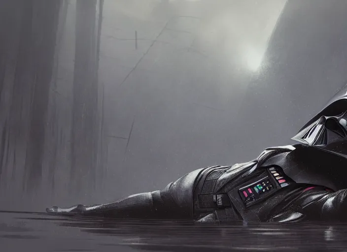 Image similar to darth vader lying on the floor, beautiful landscape, dramatic lighting, cinematic, establishing shot, night time, heavy rain, extremly high detail, photorealistic, cinematic lighting, epic fight scene, post processed, concept art, artstation, matte painting, style by greg rutkowsky