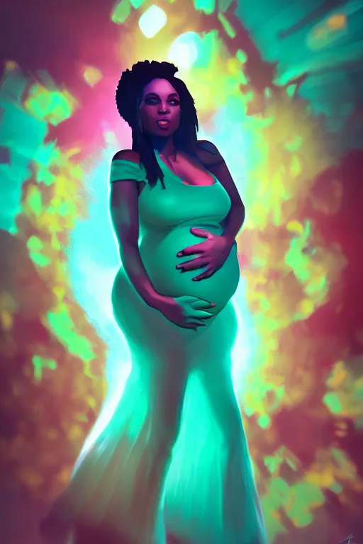 Prompt: gorgeous pregnant lady looks on, afrofuturism style, vibrant matte digital painting, dynamic volumetric lighting, studio lighting, photorealism, trending on artstation