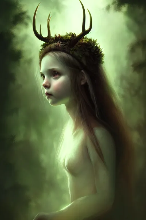 Prompt: a portrait of a little girl with antlers in a forest at night, dark, gothic, fantasy, portrait, figurativism, muted colors, digital painting in the style of bastien lecouffe - deharme, trending on artstation, detailed