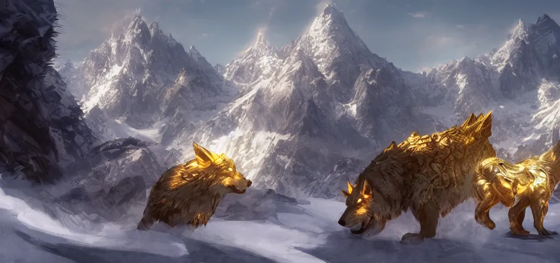 Prompt: Snow-capped mountains with golden temples on the peaks. Giant wolves and their treasures, cgsociety, fantasy illustration, magic and power of the wolf. Concept art ArtStation, unreal engine 5