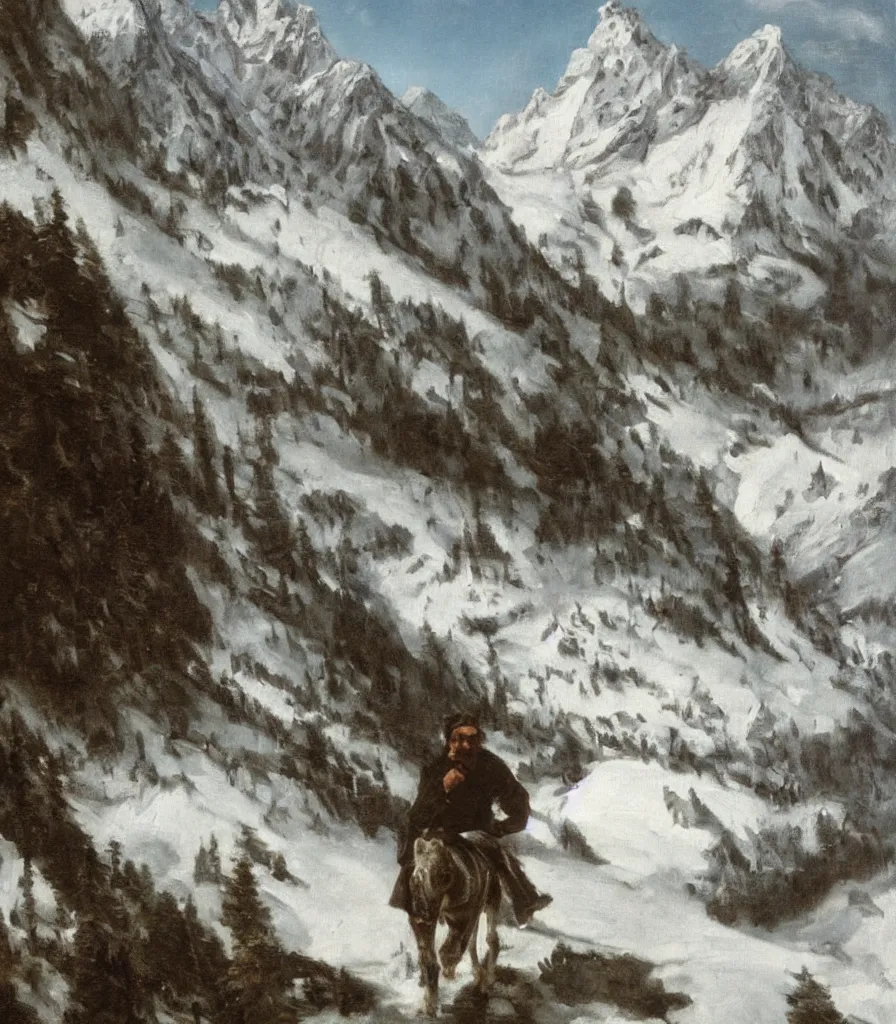 Prompt: Che Guevara wandering aimless arround in the austrian alps. Detailed oil painting by Franz Defregger.