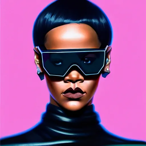 Image similar to Rihanna wearing opaque reflective goggles profile picture by Greg Rutkowski, asymmetrical, futuristic, volumetric lights, streetwear, studio ghibli, Organic Painting , Matte Painting, geometric shapes, hard edges, trending on the artstation, fantasy LUT, realistic by Sachin Teng + Martin Grip + Moebius + Patrick Gleason, smooth, sharp focus, illustration, art by John Collier and Albert Aublet and Krenz Cushart and Artem Demura and Alphonse Mucha, techwear, Industrial Scifi, detailed illustration, character portrait,