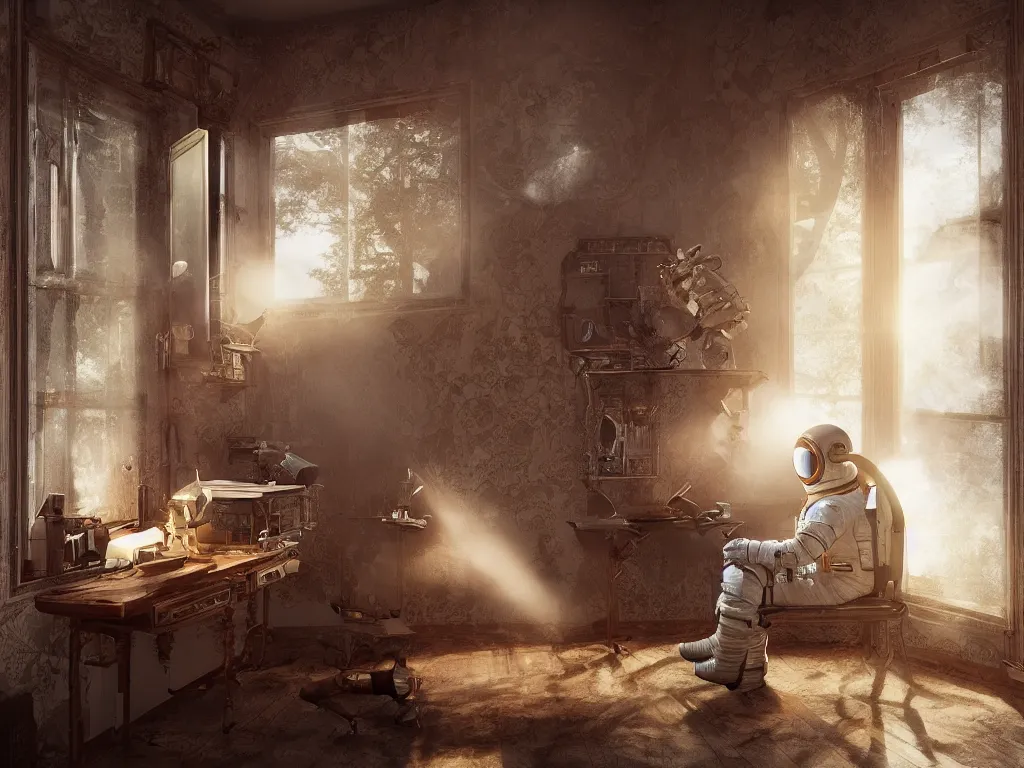 Image similar to a single cosmonaut in a spacesuit drinks a steaming cup of tea at an old wooden desk in a richly decorated Victorian house. the autumn light comes in through a window and dimly illuminates the room, diffuse light, octane render