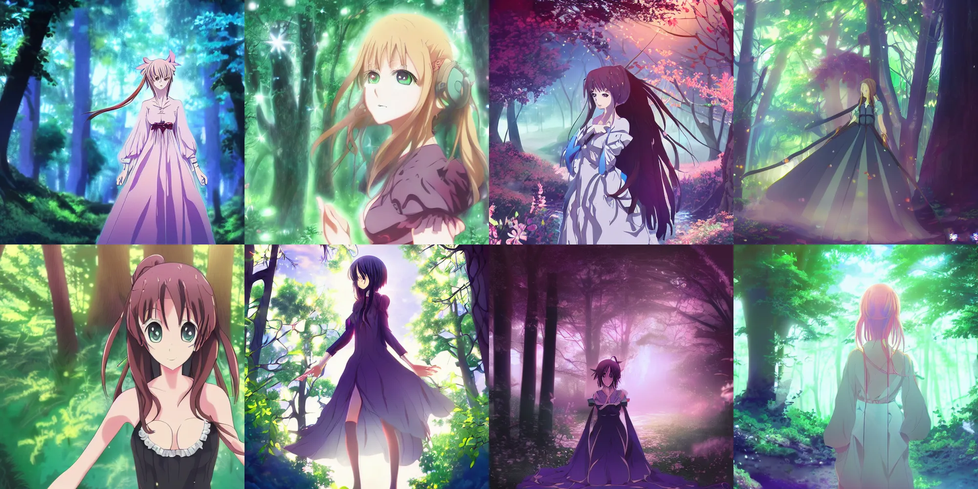 Prompt: Anime key visual frame of a magical woman in the woods, digital art full body
