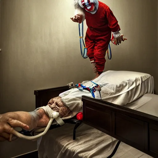 Prompt: elderly clown restrained to hospital bed with wrist restraints attached to hospital bed, greg rutkowski, photograph, 8 k