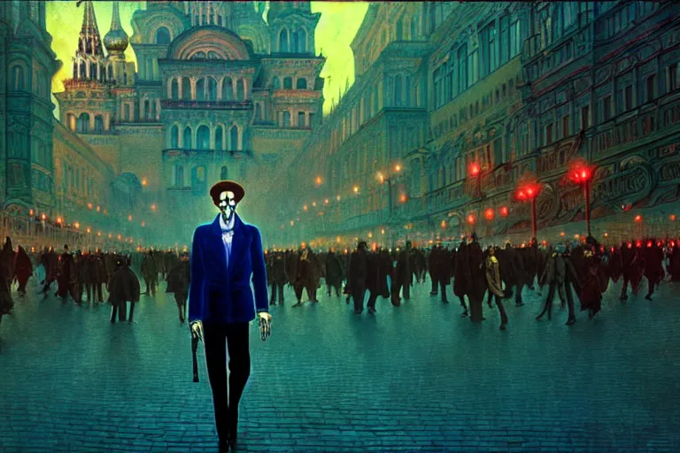 Image similar to realistic detailed photorealistic film portrait shot of a single skeleton wearing crimson velvet blazer in a crowded futuristic moscow street by Denis Villeneuve, Amano, Yves Tanguy, Alphonse Mucha, Ernst Haeckel, Andrei Tarkovsky, Edward Robert Hughes, Roger Dean, rich moody colours, wide angle, blue eyes