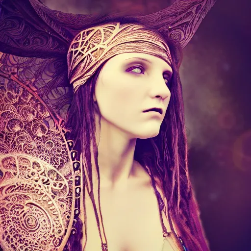 Image similar to a realistic closeup portrait photo of a beautiful female art nouveau bohemian cyberpunk musician in filigree fractal robes