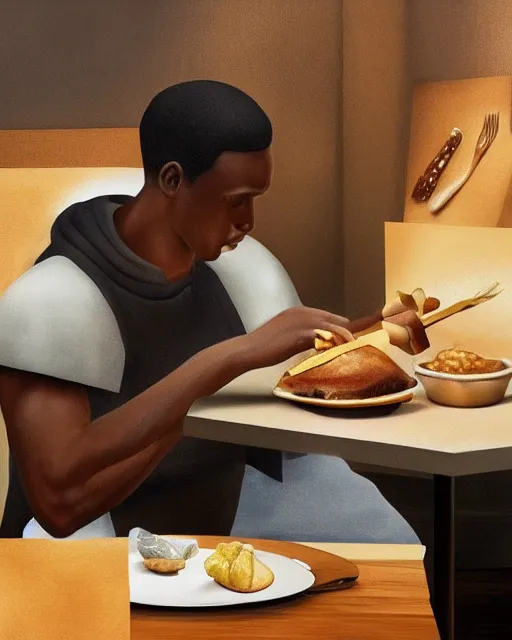 Prompt: micheal jordan eating at panera bread, hyper realistic, ambient lighting, concept art, intricate, hyper detailed, smooth, volumetric lighting, octane