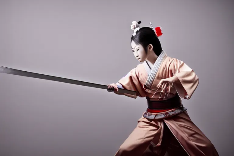 Image similar to beautiful photo of a young modern geisha samurai practising the sword in a traditional japanese temple, mid action swing, beautiful eyes, shining silver katana sword, award winning photo, muted pastels, action photography, 1 / 1 2 5 shutter speed, dramatic lighting
