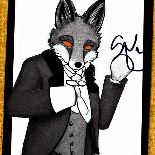 Image similar to autographed pencil sketch of an anthropomorphic male fox furry fursona in a tuxedo with medium length black hair, handsome eyes, posing with hands in pocket, hdr photograph of notebook