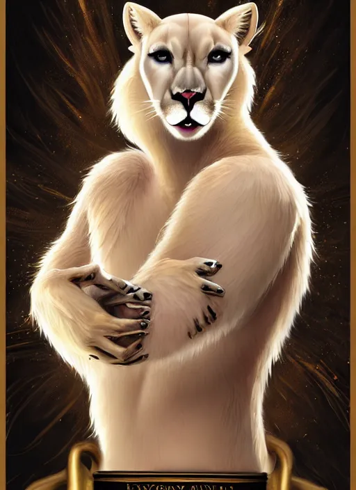 Prompt: award winning beautiful portrait commission of a male furry anthro albino mountain lion with a beautiful hyperdetailed attractive outfit and face wearing a golden and black rockstar outfit on a stage. Character design by charlie bowater, ross tran, and makoto shinkai, detailed, inked, western comic book art