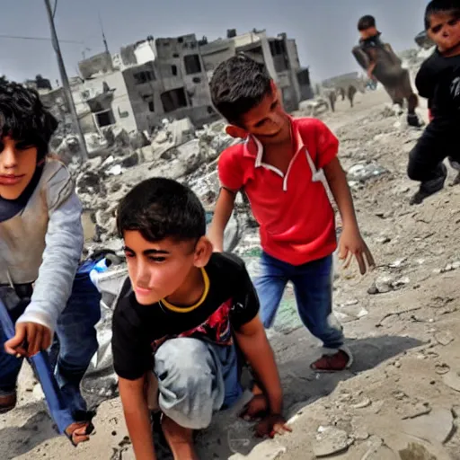 Prompt: kids in gaza strip battling each other with digimons