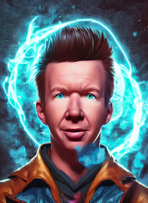 Image similar to A fantasy comic book style portrait painting of a rick astley as a mage, unreal 5, DAZ, hyperrealistic, octane render, RPG portrait, dynamic lighting