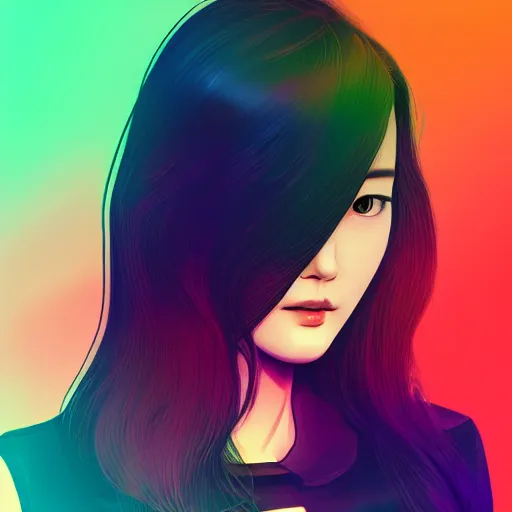 Prompt: half - electric jun ji hyun with cute - fine - face, pretty face, oil slick multicolored hair, perfect face, extremely fine details, volumetric lighting, dynamic background, poster by ilya kuvshinov