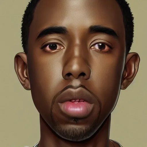 Image similar to hyper realistic tyler the creator, anime style, fashion clothing, shoulder eyes, last exile anime, symmetrical facial features, from arknights, hyper realistic, 4 k, rule of thirds, extreme detail, detailed drawing, trending artstation, realistic lighting, by alphonse mucha, greg rutkowski, short neck