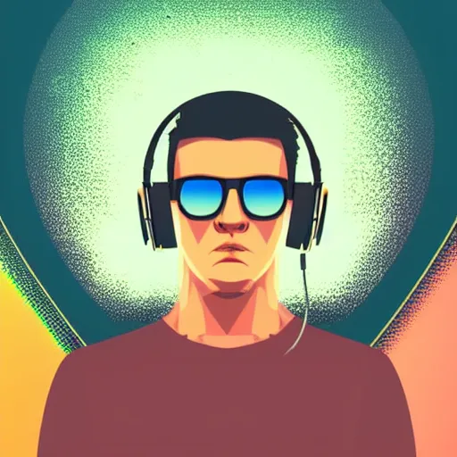 Prompt: a closeup of a man with headphones and sunglasses in retro colors, synthwave style, 2 d digital vector art