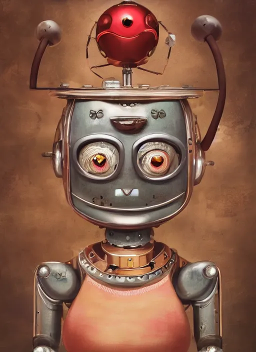 Image similar to closeup portrait of tin toy robot kitty trap, depth of field, zeiss lens, detailed, symmetrical, centered, fashion photoshoot, by nicoletta ceccoli, mark ryden, lostfish, breathtaking, 8 k resolution, extremely detailed, beautiful, establishing shot, artistic, hyperrealistic, octane render