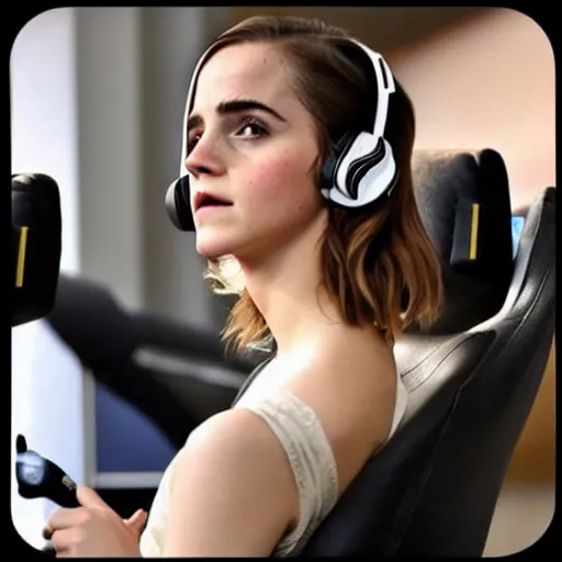 Prompt: emma watson wearing a gaming headset photo sitting on gaming chair