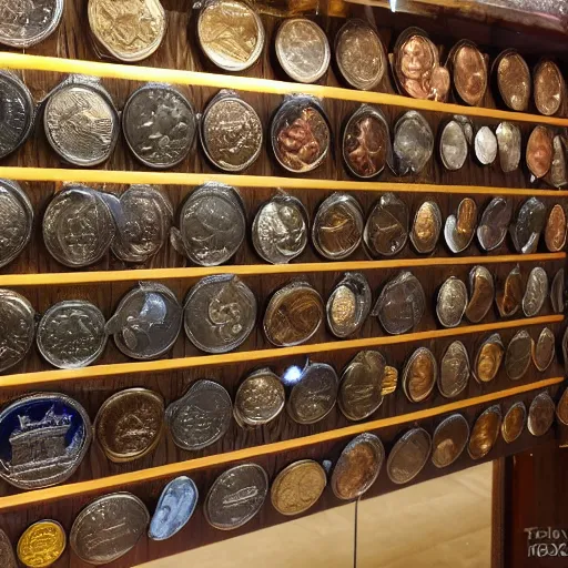 Prompt: An enormous treasure trove filled wall-to-wall with precious coins, wide shot, ultra-high definition, 4K, museum quality photo