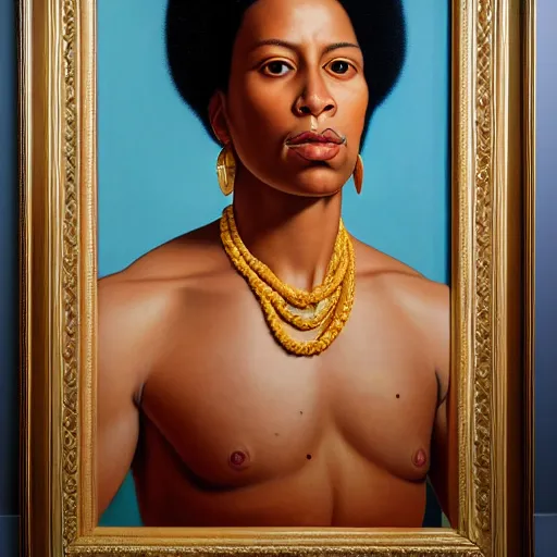 Prompt: A portrait of a thin trendy and gorgeous non-binary person, light skin tone, Maori people, oil painting by Kehinde Wiley, majestic, detailed, high resolution