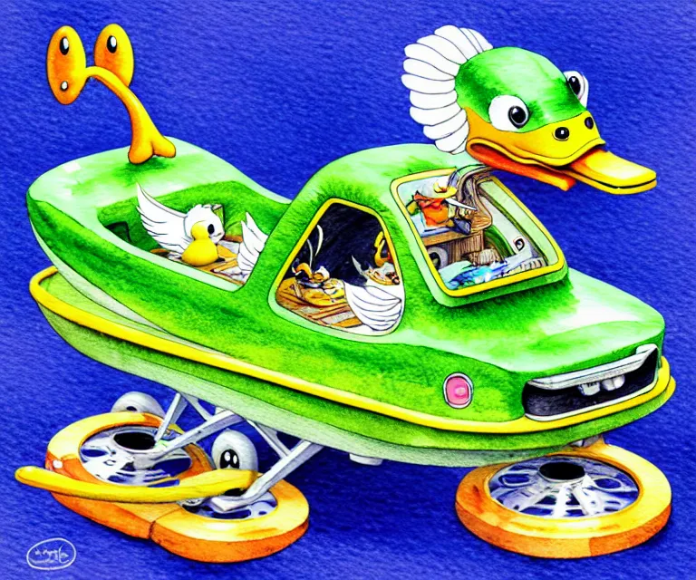 Prompt: cute and funny, duck riding in a tiny amphibious boat with wheels, ratfink style by ed roth, centered award winning watercolor pen illustration, isometric illustration by chihiro iwasaki, edited by craola, tiny details by artgerm and watercolor girl, symmetrically isometrically centered
