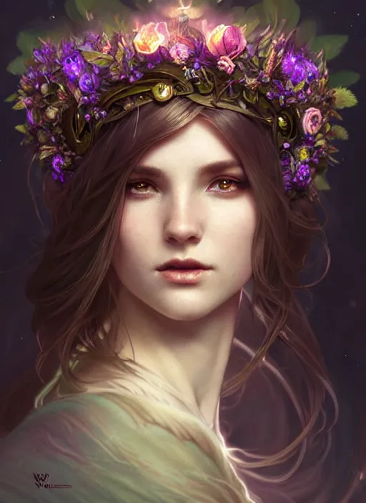 Image similar to a beautiful cinematic female druid goddess, flower Crown, galatic shamen with Quantum energy fantasy, fantasy magic, undercut hairstyle, dark light night, intricate, elegant, sharp focus, illustration, highly detailed, digital painting, concept art, matte, art by WLOP and Artgerm and Greg Rutkowski and Alphonse Mucha, masterpiece