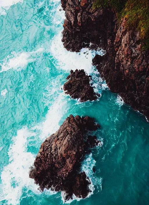 Image similar to a view of the ocean from a cliff, a tilt shift photo by liam wong, unsplash, naturalism, cinematic view, terragen, shot on 7 0 mm