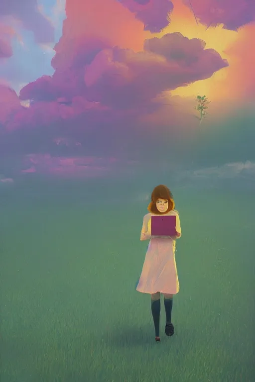 Image similar to a girl walking in park with book in her hand, surreal photography, sunrise, dramatic light, impressionist painting, colorful clouds, digital painting, artstation, simon stalenhag