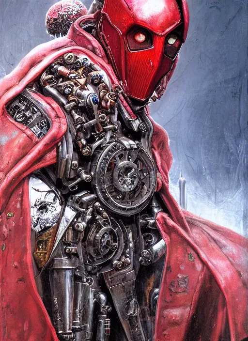 Image similar to portrait of rotten Nicolas Cage as adeptus mechanicus in red hood and robe from Warhammer 40000. Highly detailed, artstation, illustration by and John Blanche and zdislav beksinski and wayne barlowe