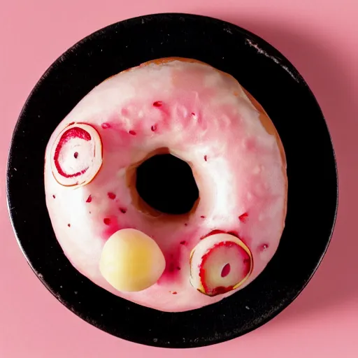 Prompt: Perfectly circular donut!!!!! in the style and shape of a lychee!!!!!!, blended colors!!!!!, trending on artstation, 4k, 8k, professional photography, overhead shot, 35mm lens