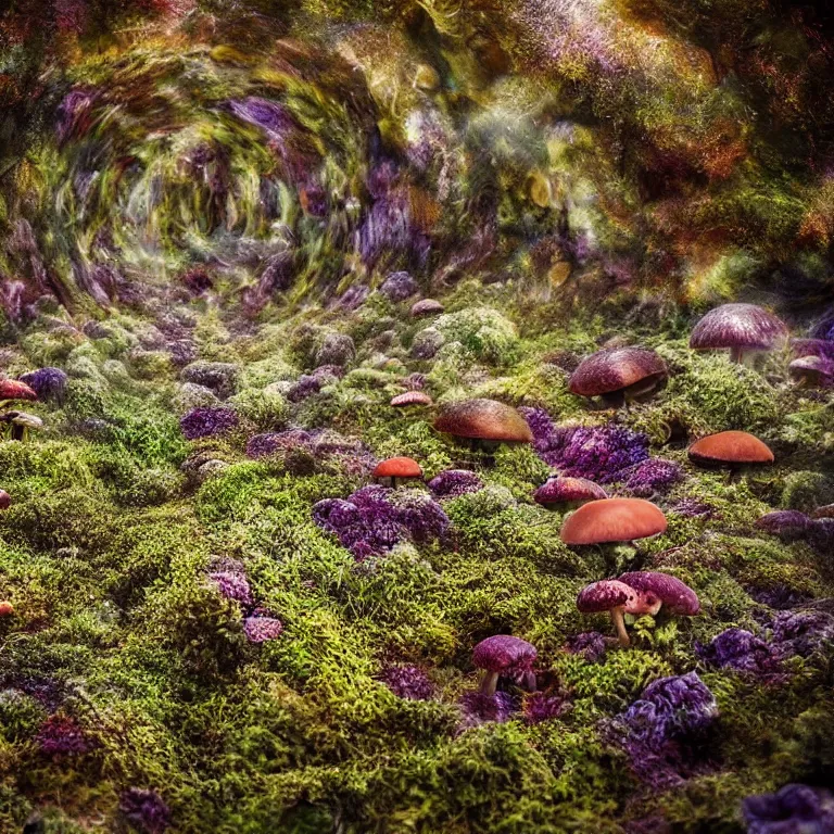 Image similar to a planet of various fungus, mushrooms, flowers and plants, inside the picture is infinity, Atmospheric, artistic photography, conceptual, long exposure outside the city, volumetric light