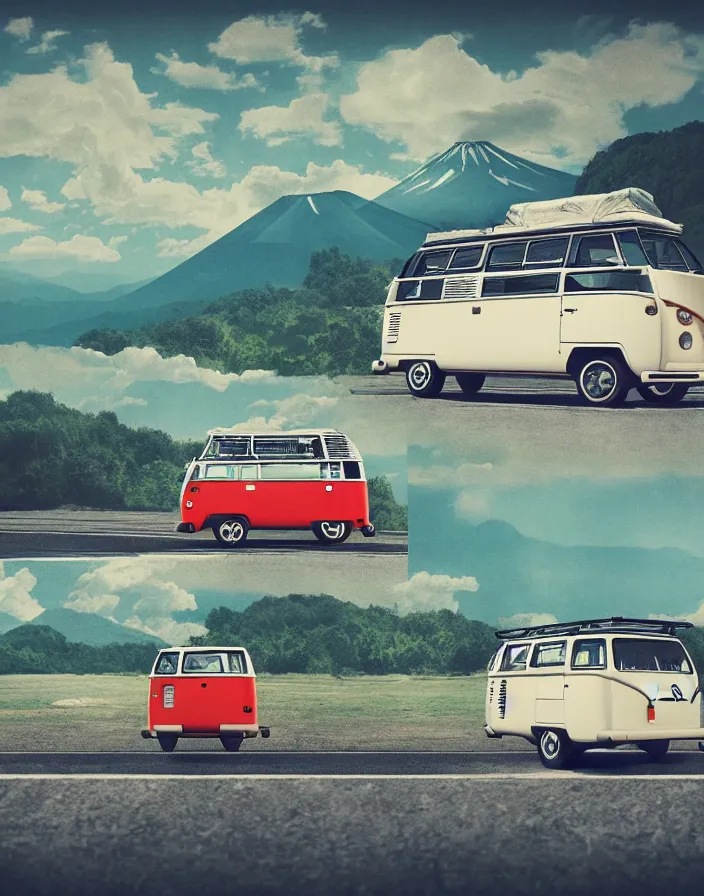 Image similar to vw camper touring rural japan, a collage painting, in the style of wes anderson, lola dupre, david hockney, isolated on negative white space background dark monochrome fluorescent spraypaint accents volumetric octane render, no double figure