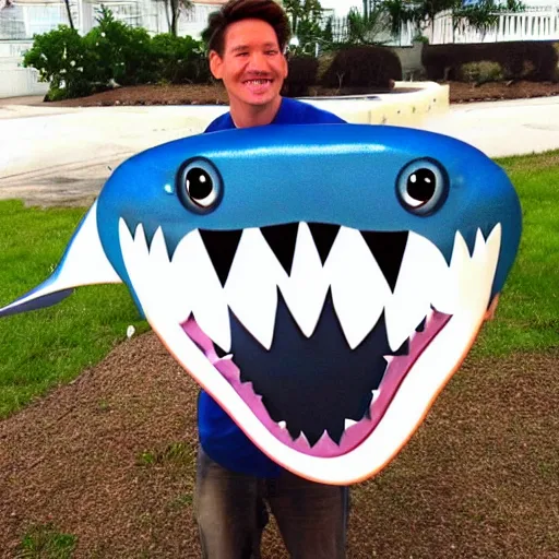 Prompt: a shark with markipliers face