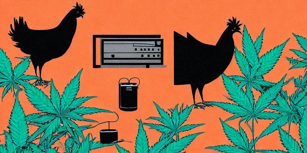 Image similar to 'black chicken'!!! smoking 'cannabis'!!!!!! in front of 'audio console'!!!! and 'multi monitors'!!!! 'in a hi-tech tv broadcasting studio'!!!!, artwork by James Gilleard