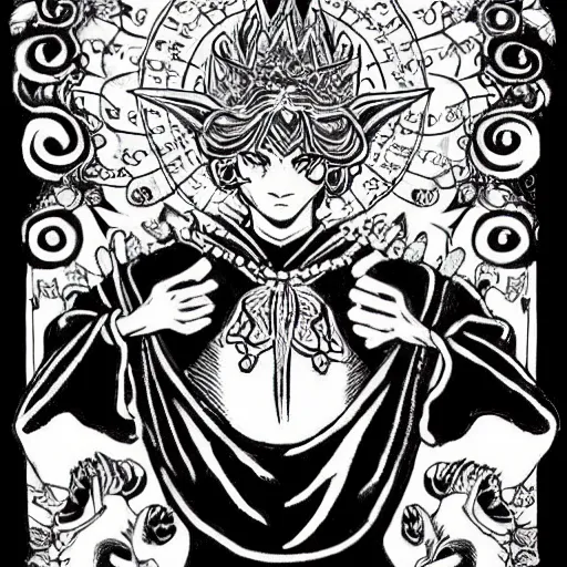 Image similar to black and white pen and ink!!!!!!! Suprani!!!!! wizard Nick Drake wearing High Royal flower print robes flaming!!!! final form flowing ritual royal!!! Cosmic battle stance Vagabond!!!!!!!! floating magic swordsman!!!! glides through a beautiful!!!!!!! Camellia!!!! Tsubaki!!! death-flower!!!! battlefield behind!!!! dramatic esoteric!!!!!! Long hair flowing dancing illustrated in high detail!!!!!!!! by Hiroya Oku!!!!!!!!! graphic novel published on 2049 award winning!!!! full body portrait!!!!! action exposition manga panel black and white Shonen Jump issue by David Lynch eraserhead and beautiful line art Hirohiko Araki!! Frank Miller, Kentaro Miura!, Jojo's Bizzare Adventure!!!! 3 sequential art golden ratio technical perspective panels horizontal per page