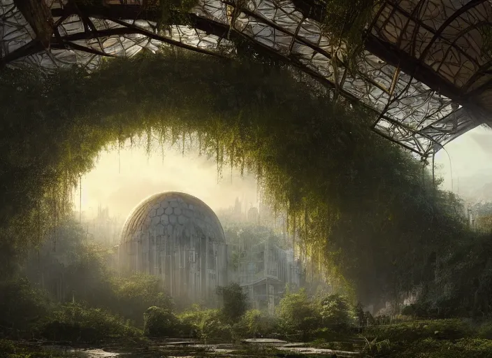 Image similar to highly detailed digital matte painting of a beautiful abandoned, overgrown, damaged biodome, by Raphael LaCoste and Ruan Jia and Robert McCall, postcyberpunk, geodesic dome, hyperdetailed, sunrise, wide shot, autochrome, octane render