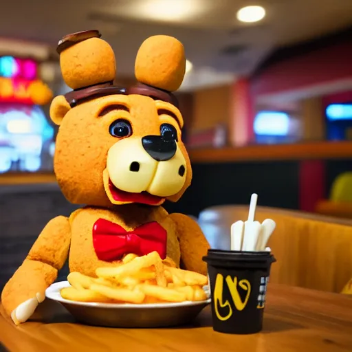 Prompt: freddy fazbear eating at mcdonald's, photography, 8 k,