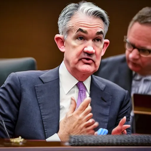 Image similar to Jerome Powell talking with clowns, full body, photo realistic, highly-detailed