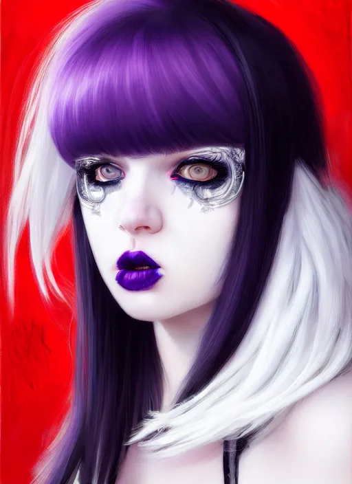 Image similar to portrait of white teenage girl, normal face, white bangs, mall goth, cyberlox, black and white hair, bangs, fluffy bangs, red contact lenses, purple lipstick, intricate, elegant, highly detailed, digital painting, artstation, concept art, sharp focus, smooth, illustration, art by wlop, mars ravelo and greg rutkowski