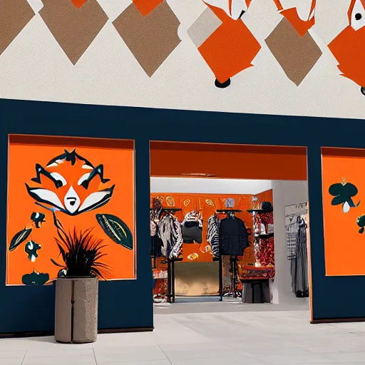 Image similar to a shopping mall picture outside of a fox-themed clothing store vendor, designed after foxes, Fox design patterns on the orange wall, realistic photo