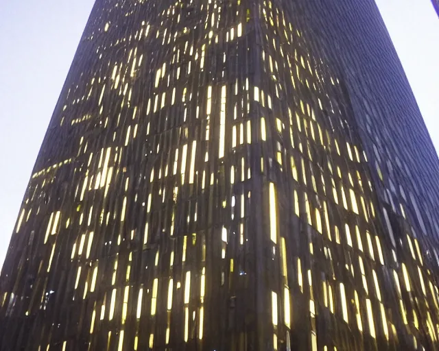 Image similar to a very tall building lit up at night, a photo by richard wilson, featured on flickr, brutalism, nightscape, flickering light, chiaroscuro