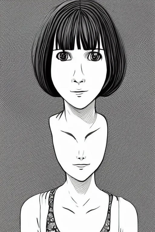 Image similar to portrait of a girl in long pants and a top, hands in pockets, eyes closed, bob haircut, digital art, black and white, lineart by junji ito